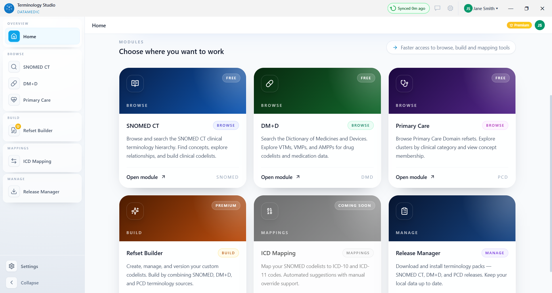 Terminology Studio — Home: module overview showing SNOMED CT, DM+D, Primary Care and Refset Builder