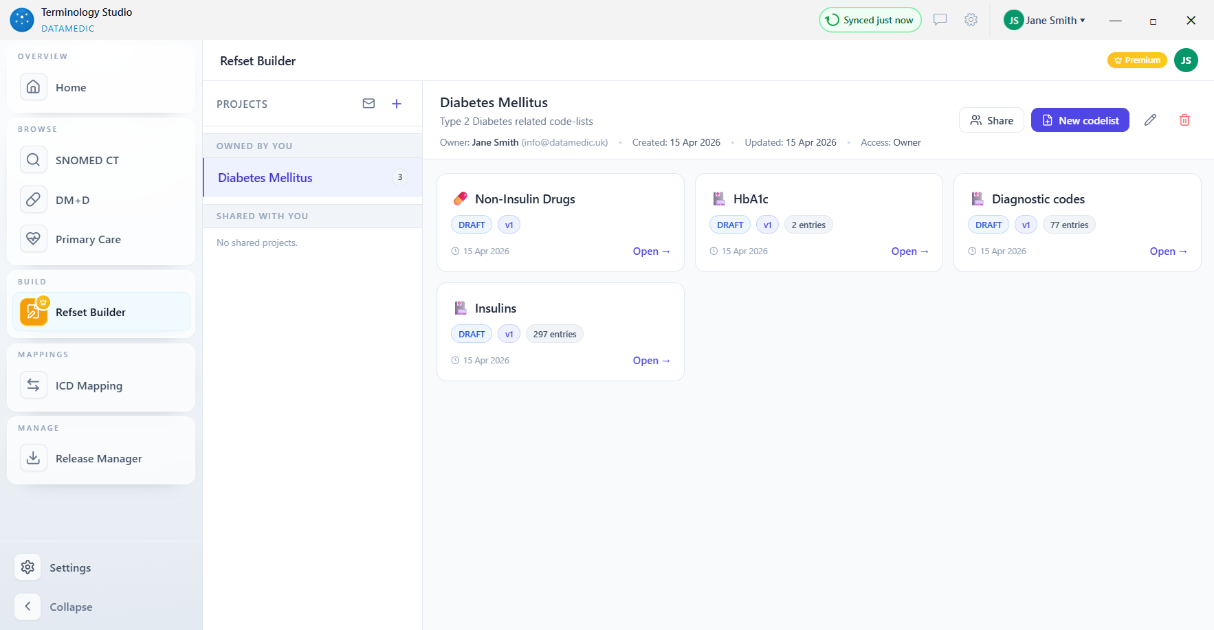 Terminology Studio — Refset Builder showing a Diabetes Mellitus project with codelists for Non-Insulin Drugs, HbA1c, Insulins, and Diagnostic codes