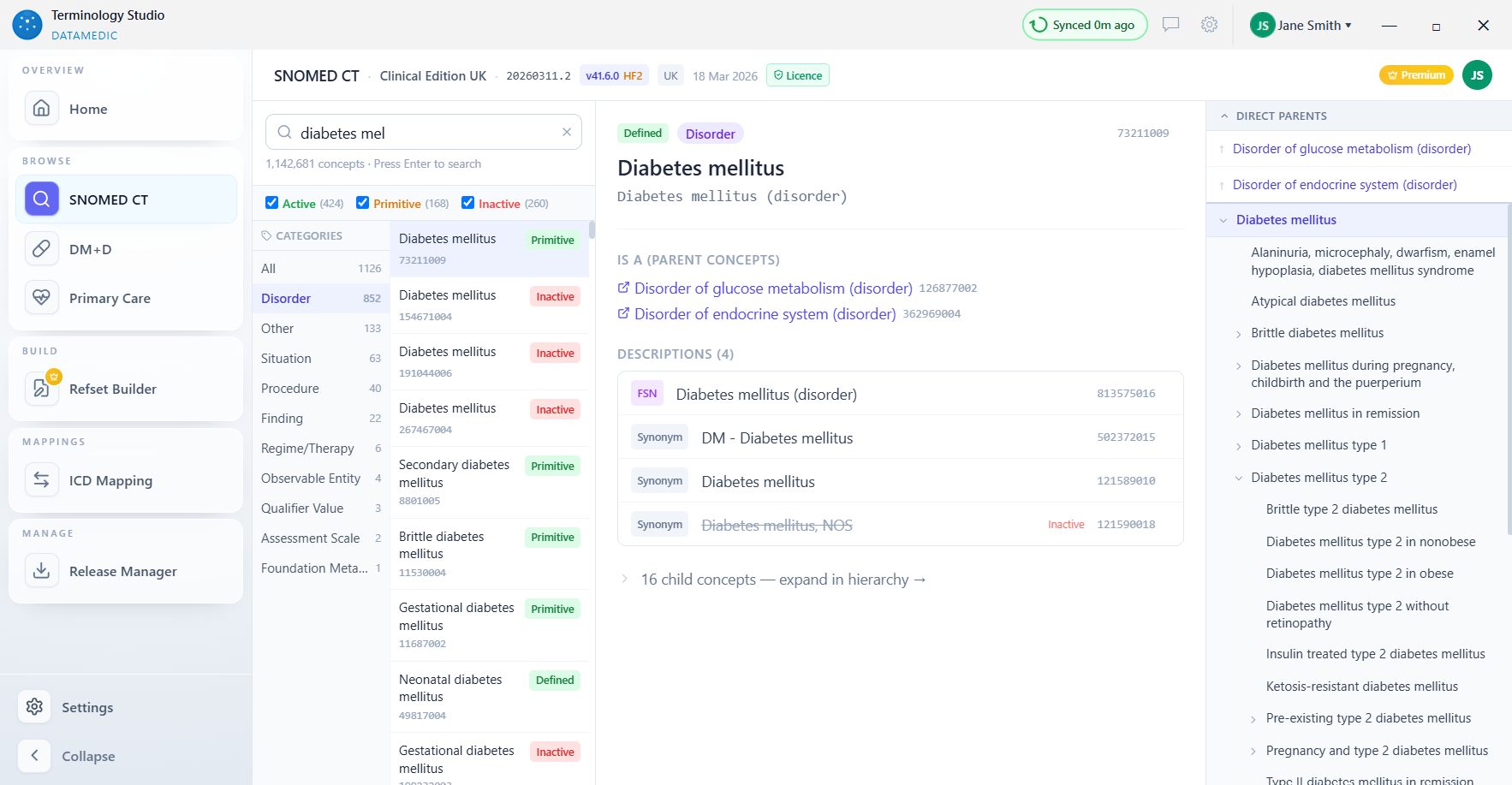 Terminology Studio — SNOMED CT browser showing search results for diabetes mellitus with concept hierarchy, descriptions, and category filters